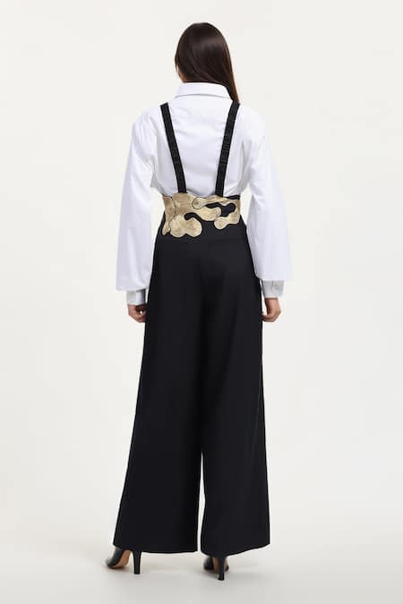 Shop AK-OK White Cotton Patchwork, Embroidery Shawl Neck Suspender Trouser Set at Aza Fashions Shop_AK-OK_White Cotton Patchwork, Embroidery Shawl Neck Suspender Trouser Set _at_Aza_Fashions