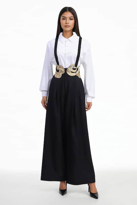 AK-OK White Cotton Patchwork, Embroidery Shawl Neck Suspender Trouser Set Online at Aza Fashions AK-OK_White Cotton Patchwork, Embroidery Shawl Neck Suspender Trouser Set _Online_at_Aza_Fashions
