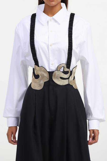 Buy AK-OK White Cotton Patchwork, Embroidery Shawl Neck Suspender Trouser Set Online at Aza Fashions Buy_AK-OK_White Cotton Patchwork, Embroidery Shawl Neck Suspender Trouser Set _Online_at_Aza_Fashions