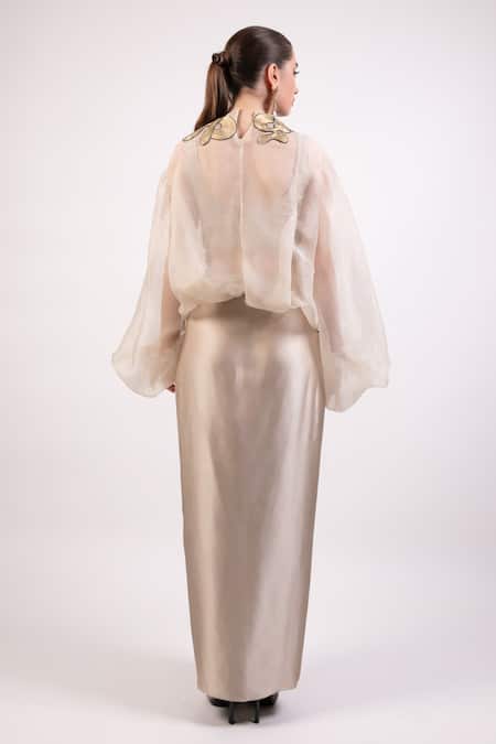 Shop AK-OK Ivory Organza Patchwork, Embroidery Round Neck Crop Top And Draped Skirt at Aza Fashions Shop_AK-OK_Ivory Organza Patchwork, Embroidery Round Neck Crop Top And Draped Skirt _at_Aza_Fashions