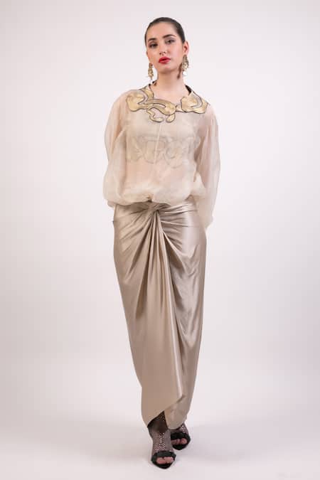 Buy AK-OK Ivory Organza Patchwork, Embroidery Round Neck Crop Top And Draped Skirt Online at Aza Fashions Buy_AK-OK_Ivory Organza Patchwork, Embroidery Round Neck Crop Top And Draped Skirt _Online_at_Aza_Fashions