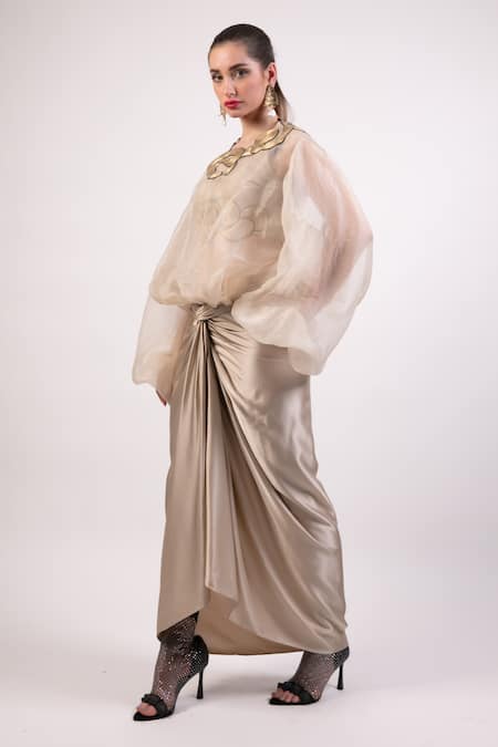 Shop AK-OK Ivory Organza Patchwork, Embroidery Round Neck Crop Top And Draped Skirt Online at Aza Fashions Shop_AK-OK_Ivory Organza Patchwork, Embroidery Round Neck Crop Top And Draped Skirt _Online_at_Aza_Fashions