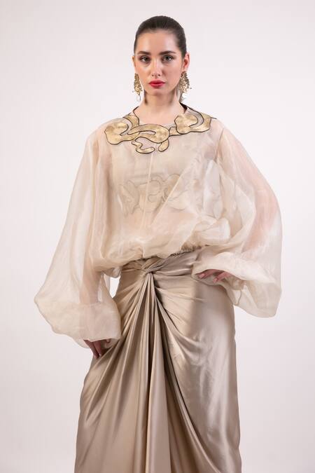 AK-OK Ivory Organza Patchwork, Embroidery Round Neck Crop Top And Draped Skirt at Aza Fashions AK-OK_Ivory Organza Patchwork, Embroidery Round Neck Crop Top And Draped Skirt _at_Aza_Fashions