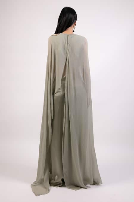 Shop AK-OK Gray Cotton Patchwork Embroidered Cape Set at Aza Fashions Shop_AK-OK_Gray Cotton Patchwork Embroidered Cape Set _at_Aza_Fashions