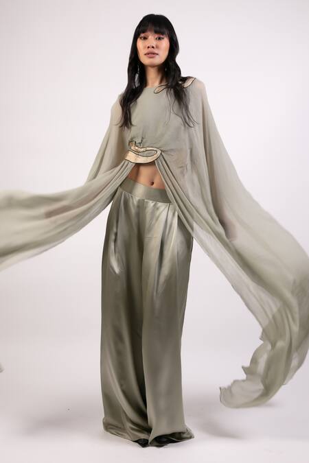 AK-OK Gray Cotton Patchwork Embroidered Cape Set Online at Aza Fashions AK-OK_Gray Cotton Patchwork Embroidered Cape Set _Online_at_Aza_Fashions