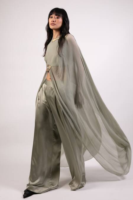 AK-OK Gray Cotton Patchwork Embroidered Cape Set at Aza Fashions AK-OK_Gray Cotton Patchwork Embroidered Cape Set _at_Aza_Fashions