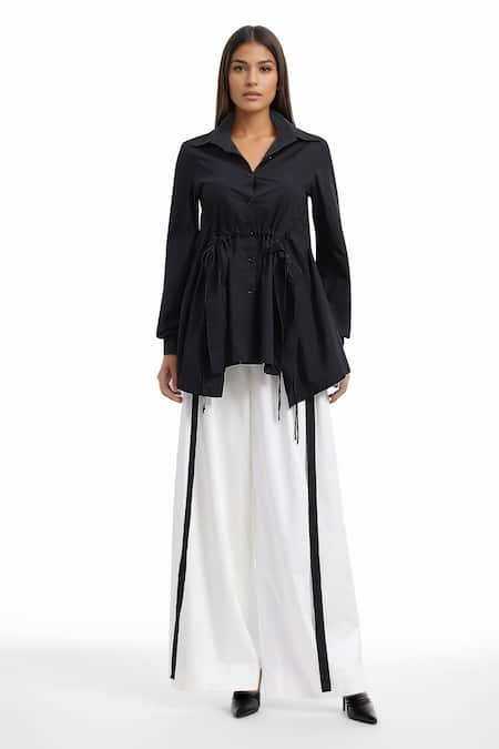 AK-OK Plain Asymmetric Ruched Shirt With Trouser 