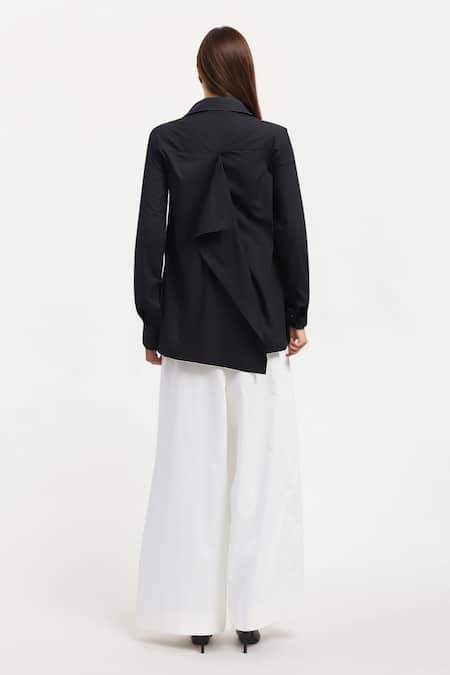 Shop AK-OK Black Cotton Tassels Shawl Neck Asymmetric Ruched Shirt And Trouser Set at Aza Fashions Shop_AK-OK_Black Cotton Tassels Shawl Neck Asymmetric Ruched Shirt And Trouser Set _at_Aza_Fashions