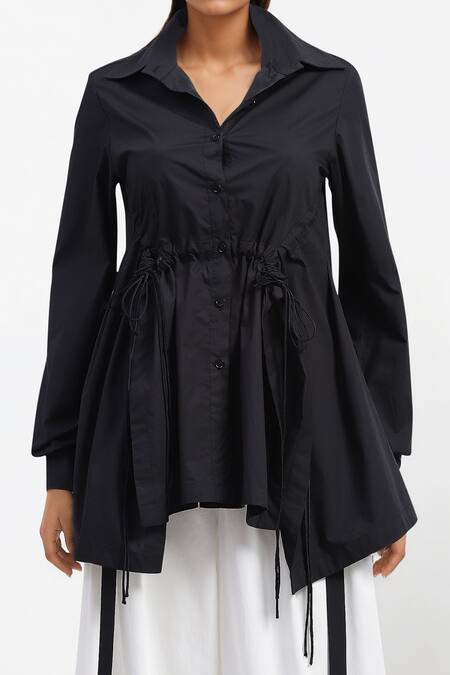 AK-OK Black Cotton Tassels Shawl Neck Asymmetric Ruched Shirt And Trouser Set Online at Aza Fashions AK-OK_Black Cotton Tassels Shawl Neck Asymmetric Ruched Shirt And Trouser Set _Online_at_Aza_Fashions