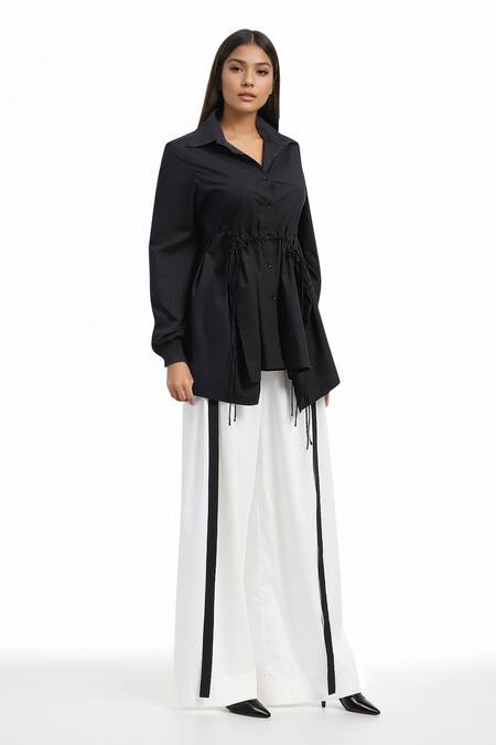 Shop AK-OK Black Cotton Tassels Shawl Neck Asymmetric Ruched Shirt And Trouser Set Online at Aza Fashions Shop_AK-OK_Black Cotton Tassels Shawl Neck Asymmetric Ruched Shirt And Trouser Set _Online_at_Aza_Fashions