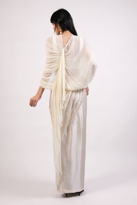 Shop_AK-OK_White Cotton Solid Tassels Top Asymmetric Sheer Ruched And Draped Skirt Set _at_Aza_Fashions