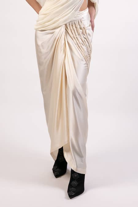 AK-OK_White Cotton Solid Tassels Top Asymmetric Sheer Ruched And Draped Skirt Set _Online_at_Aza_Fashions