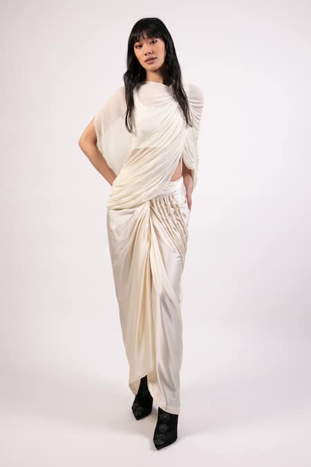 Buy_AK-OK_White Cotton Solid Tassels Top Asymmetric Sheer Ruched And Draped Skirt Set _Online_at_Aza_Fashions