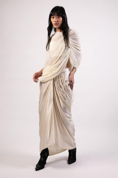 Shop_AK-OK_White Cotton Solid Tassels Top Asymmetric Sheer Ruched And Draped Skirt Set _Online_at_Aza_Fashions