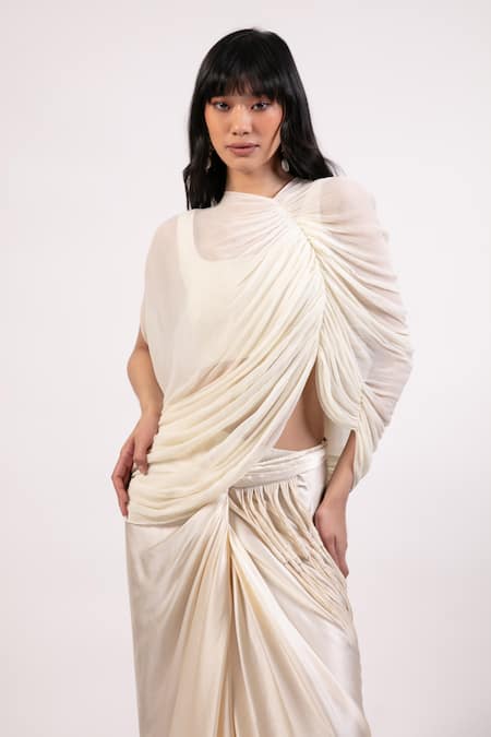 AK-OK_White Cotton Solid Tassels Top Asymmetric Sheer Ruched And Draped Skirt Set _at_Aza_Fashions