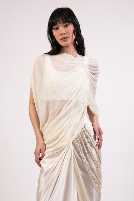 Buy_AK-OK_White Cotton Solid Tassels Top Asymmetric Sheer Ruched And Draped Skirt Set 