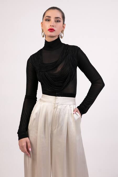 AK-OK Black Cotton Tassels High Neck Top And Flared Trouser Set at Aza Fashions AK-OK_Black Cotton Tassels High Neck Top And Flared Trouser Set _at_Aza_Fashions