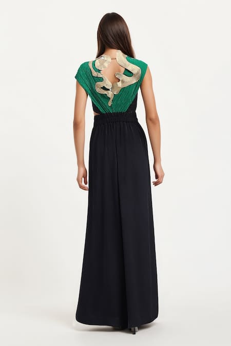 Shop AK-OK Black Cotton Embroidery, Patchwork V-neck Color Block Jumpsuit With Top at Aza Fashions Shop_AK-OK_Black Cotton Embroidery, Patchwork V-neck Color Block Jumpsuit With Top _at_Aza_Fashions