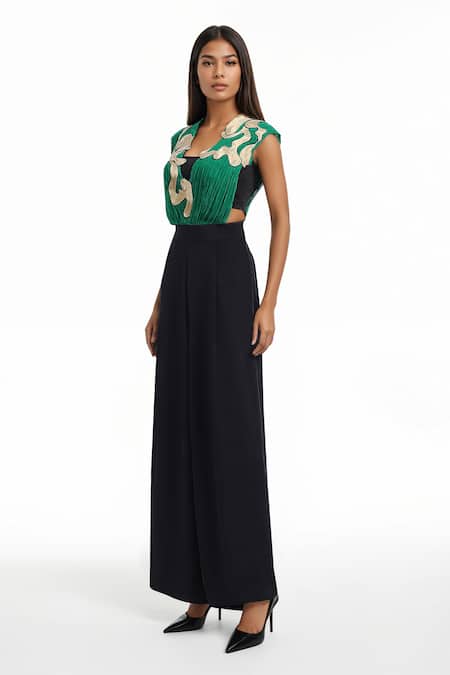 Buy AK-OK Black Cotton Embroidery, Patchwork V-neck Color Block Jumpsuit With Top Online at Aza Fashions Buy_AK-OK_Black Cotton Embroidery, Patchwork V-neck Color Block Jumpsuit With Top _Online_at_Aza_Fashions