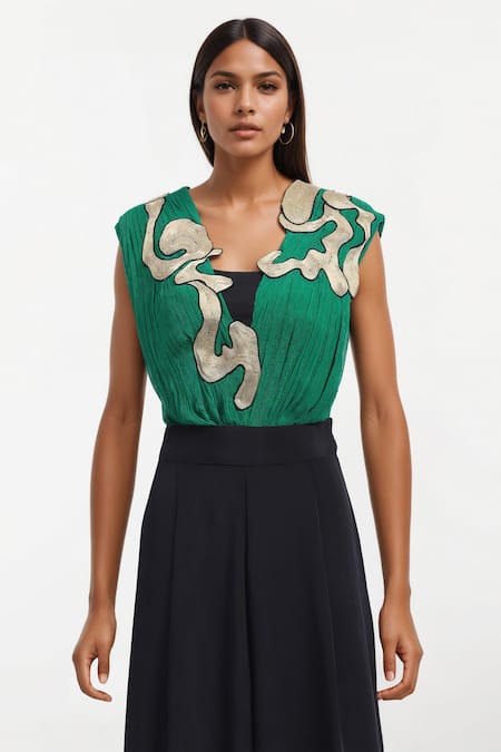 Shop AK-OK Black Cotton Embroidery, Patchwork V-neck Color Block Jumpsuit With Top Online at Aza Fashions Shop_AK-OK_Black Cotton Embroidery, Patchwork V-neck Color Block Jumpsuit With Top _Online_at_Aza_Fashions