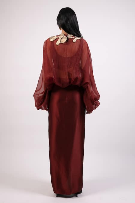 Shop AK-OK Maroon Organza Embroidery, Patchwork Round Neck Top And Draped Skirt Set at Aza Fashions Shop_AK-OK_Maroon Organza Embroidery, Patchwork Round Neck Top And Draped Skirt Set _at_Aza_Fashions