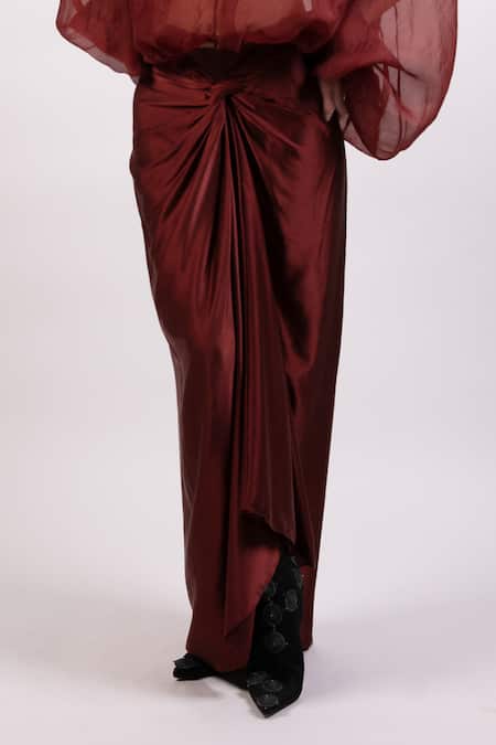 AK-OK Maroon Organza Embroidery, Patchwork Round Neck Top And Draped Skirt Set Online at Aza Fashions AK-OK_Maroon Organza Embroidery, Patchwork Round Neck Top And Draped Skirt Set _Online_at_Aza_Fashions