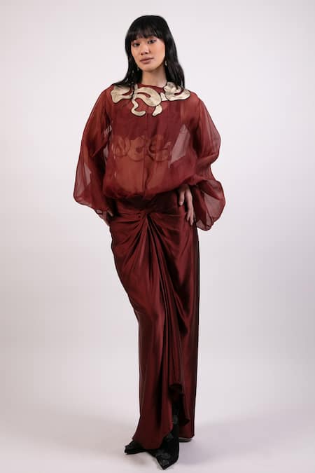Shop AK-OK Maroon Organza Embroidery, Patchwork Round Neck Top And Draped Skirt Set Online at Aza Fashions Shop_AK-OK_Maroon Organza Embroidery, Patchwork Round Neck Top And Draped Skirt Set _Online_at_Aza_Fashions