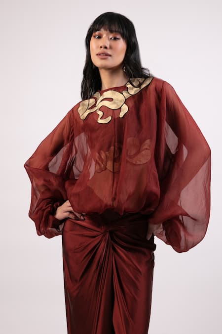 AK-OK Maroon Organza Embroidery, Patchwork Round Neck Top And Draped Skirt Set at Aza Fashions AK-OK_Maroon Organza Embroidery, Patchwork Round Neck Top And Draped Skirt Set _at_Aza_Fashions