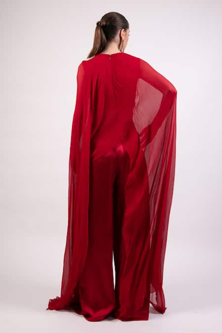 Shop AK-OK Red Cotton Embroidered Patchwork Cape Set at Aza Fashions Shop_AK-OK_Red Cotton Embroidered Patchwork Cape Set _at_Aza_Fashions