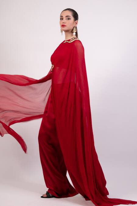 Shop AK-OK Red Cotton Embroidered Patchwork Cape Set Online at Aza Fashions Shop_AK-OK_Red Cotton Embroidered Patchwork Cape Set _Online_at_Aza_Fashions