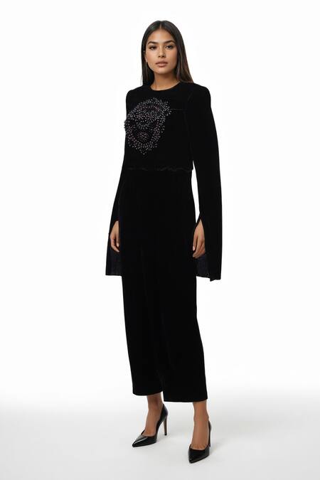 AK-OK Black Cotton Metallic Thread Round Stud Embellished Crop Top And Flared Trouser Online at Aza Fashions AK-OK_Black Cotton Metallic Thread Round Stud Embellished Crop Top And Flared Trouser _Online_at_Aza_Fashions