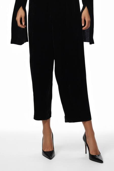 Buy AK-OK Black Cotton Metallic Thread Round Stud Embellished Crop Top And Flared Trouser Online at Aza Fashions Buy_AK-OK_Black Cotton Metallic Thread Round Stud Embellished Crop Top And Flared Trouser _Online_at_Aza_Fashions