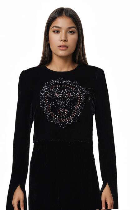 Shop AK-OK Black Cotton Metallic Thread Round Stud Embellished Crop Top And Flared Trouser Online at Aza Fashions Shop_AK-OK_Black Cotton Metallic Thread Round Stud Embellished Crop Top And Flared Trouser _Online_at_Aza_Fashions