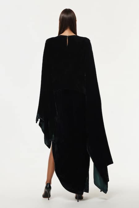 Shop AK-OK Black Cotton Stud Embellished Cape And Slit Skirt Set at Aza Fashions Shop_AK-OK_Black Cotton Stud Embellished Cape And Slit Skirt Set _at_Aza_Fashions