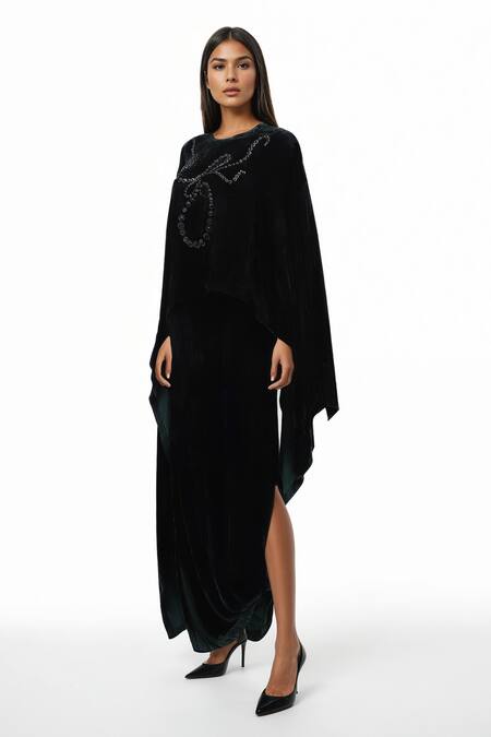 AK-OK Black Cotton Stud Embellished Cape And Slit Skirt Set Online at Aza Fashions AK-OK_Black Cotton Stud Embellished Cape And Slit Skirt Set _Online_at_Aza_Fashions