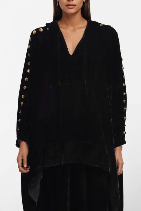 Buy_AK-OK_Black Cotton V-neck Stud Embellished Hooded Top And Trouser Set _Online_at_Aza_Fashions