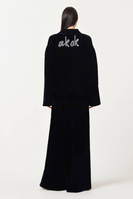Shop_AK-OK_Black Cotton Embroidery Collared Embellished Jacket And Trouser Co-ord Set _at_Aza_Fashions