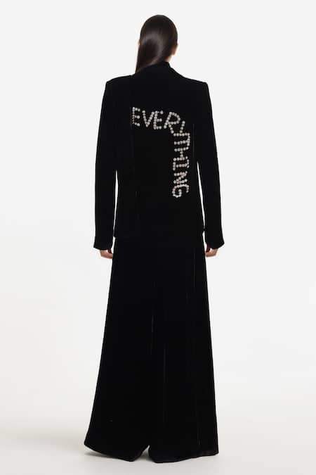 Shop AK-OK Black Cotton Studs V-neck Metal Embellished Jacket And Trouser Set at Aza Fashions Shop_AK-OK_Black Cotton Studs V-neck Metal Embellished Jacket And Trouser Set _at_Aza_Fashions