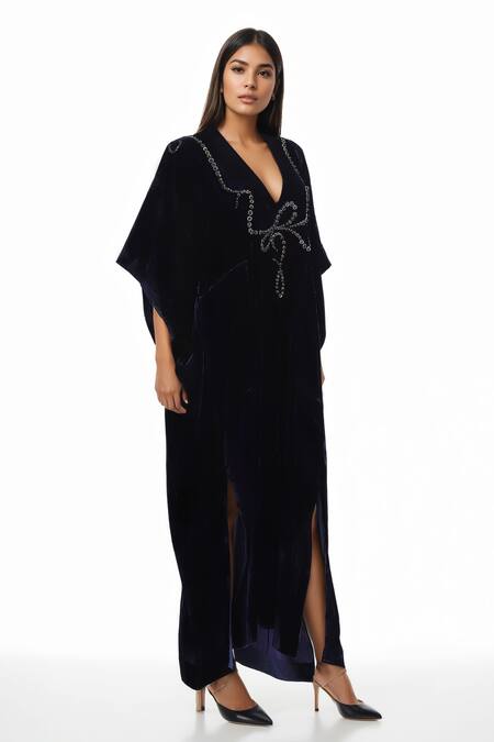 AK-OK_Black Cotton Embellished Metal Studs V-neck Kaftan _Online_at_Aza_Fashions