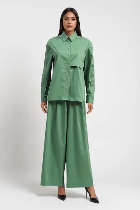 AK-OK Eyelet Embroidered Sleeve Shirt & Flared Trouser Co-ord Set 