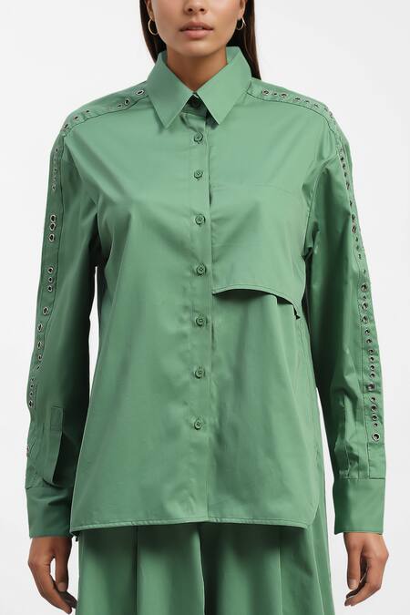 Shop_AK-OK_Green Cotton Embroidery Collared Eyelet Shirt And Trouser Set _Online_at_Aza_Fashions