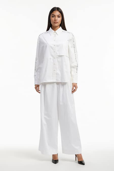 AK-OK Eyelet Embroidered Shirt & Flared Trouser Co-ord Set 