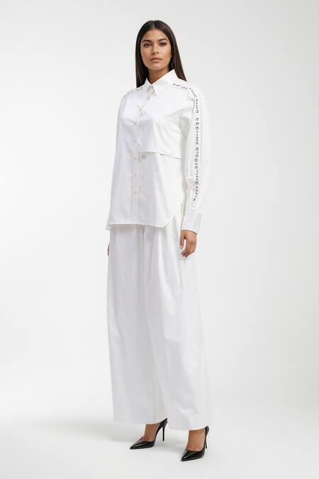 AK-OK White Cotton Embroidery Collared Eyelet Shirt And Trouser Set Online at Aza Fashions AK-OK_White Cotton Embroidery Collared Eyelet Shirt And Trouser Set _Online_at_Aza_Fashions