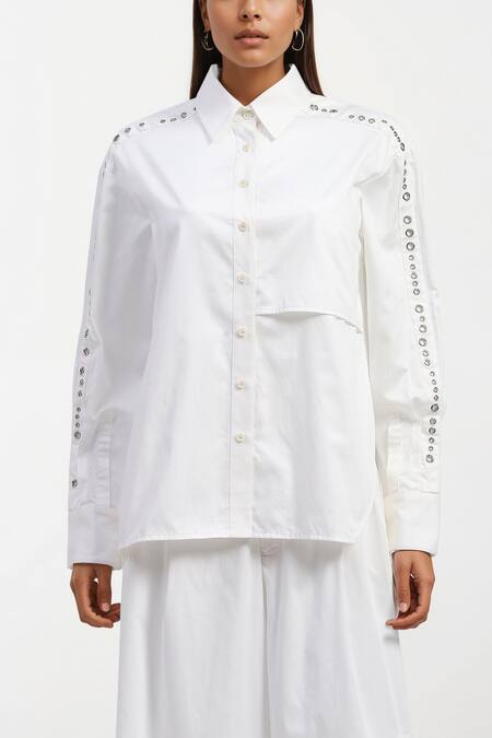 Shop AK-OK White Cotton Embroidery Collared Eyelet Shirt And Trouser Set Online at Aza Fashions Shop_AK-OK_White Cotton Embroidery Collared Eyelet Shirt And Trouser Set _Online_at_Aza_Fashions