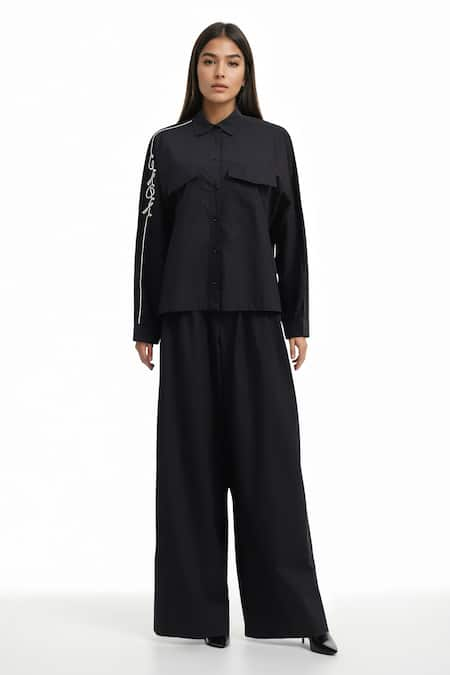 AK-OK Embroidered Sleeve Front Pocket Shirt & Flared Trouser Co-ord Set 