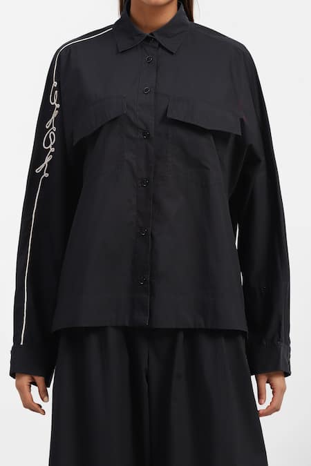 AK-OK_Black Cotton Embroidery Collared Sleeve Shirt And Trouser Set _Online_at_Aza_Fashions