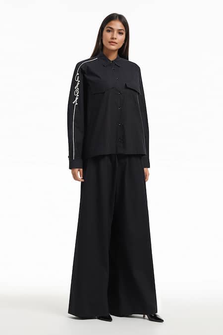 Buy_AK-OK_Black Cotton Embroidery Collared Sleeve Shirt And Trouser Set _Online_at_Aza_Fashions