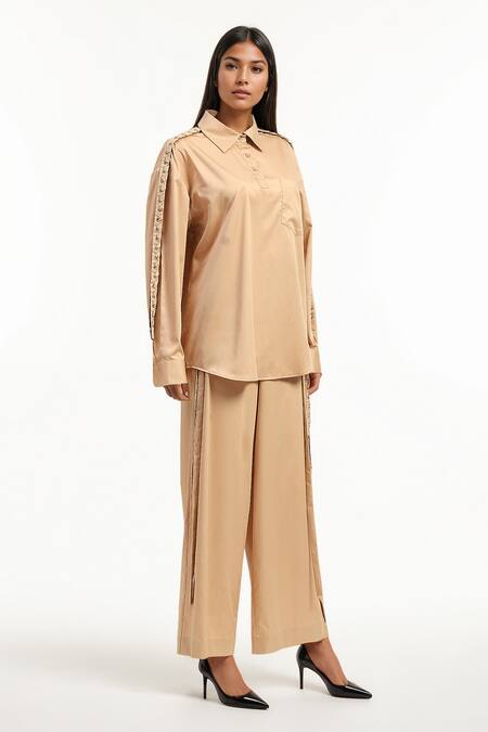 AK-OK_Peach Cotton Embroidery Collared Eyelet Shirt And Trouser Set _Online_at_Aza_Fashions