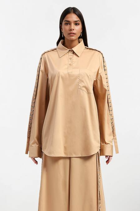 Buy_AK-OK_Peach Cotton Embroidery Collared Eyelet Shirt And Trouser Set _Online_at_Aza_Fashions