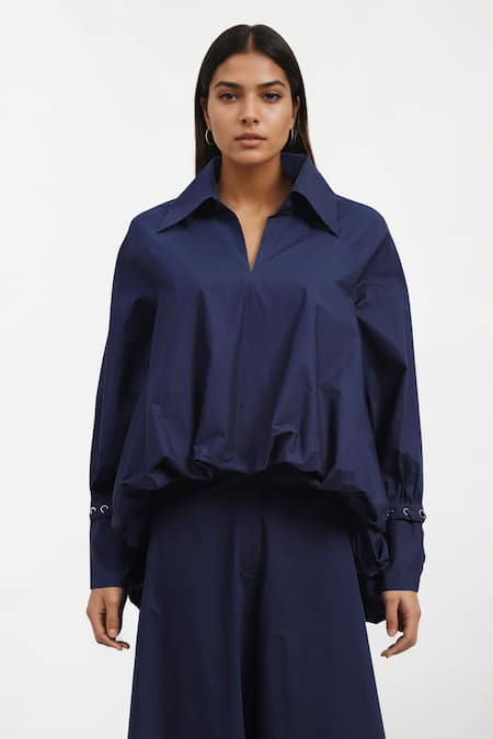 Buy_AK-OK_Blue Cotton Embroidery Collared Eyelet Shirt And Trouser Set _Online_at_Aza_Fashions